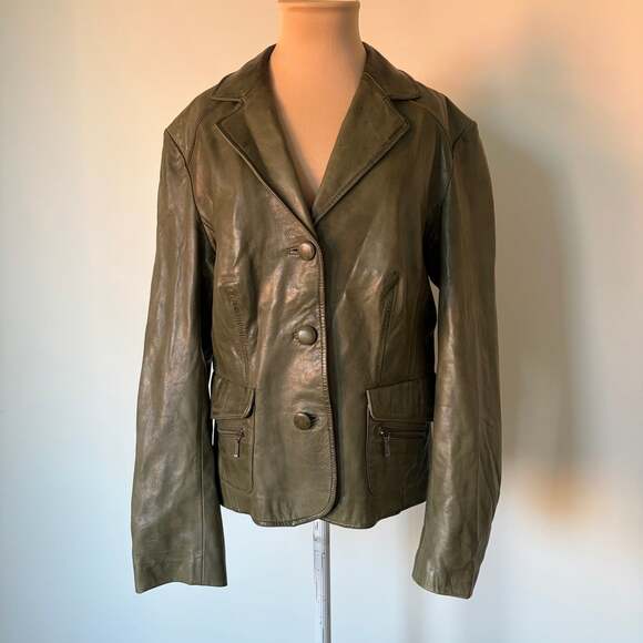 Overland Jackets & Blazers - Overland Vintage Genuine Leather Buttoned Earthy Olive Green Blazer Jacket Sz L